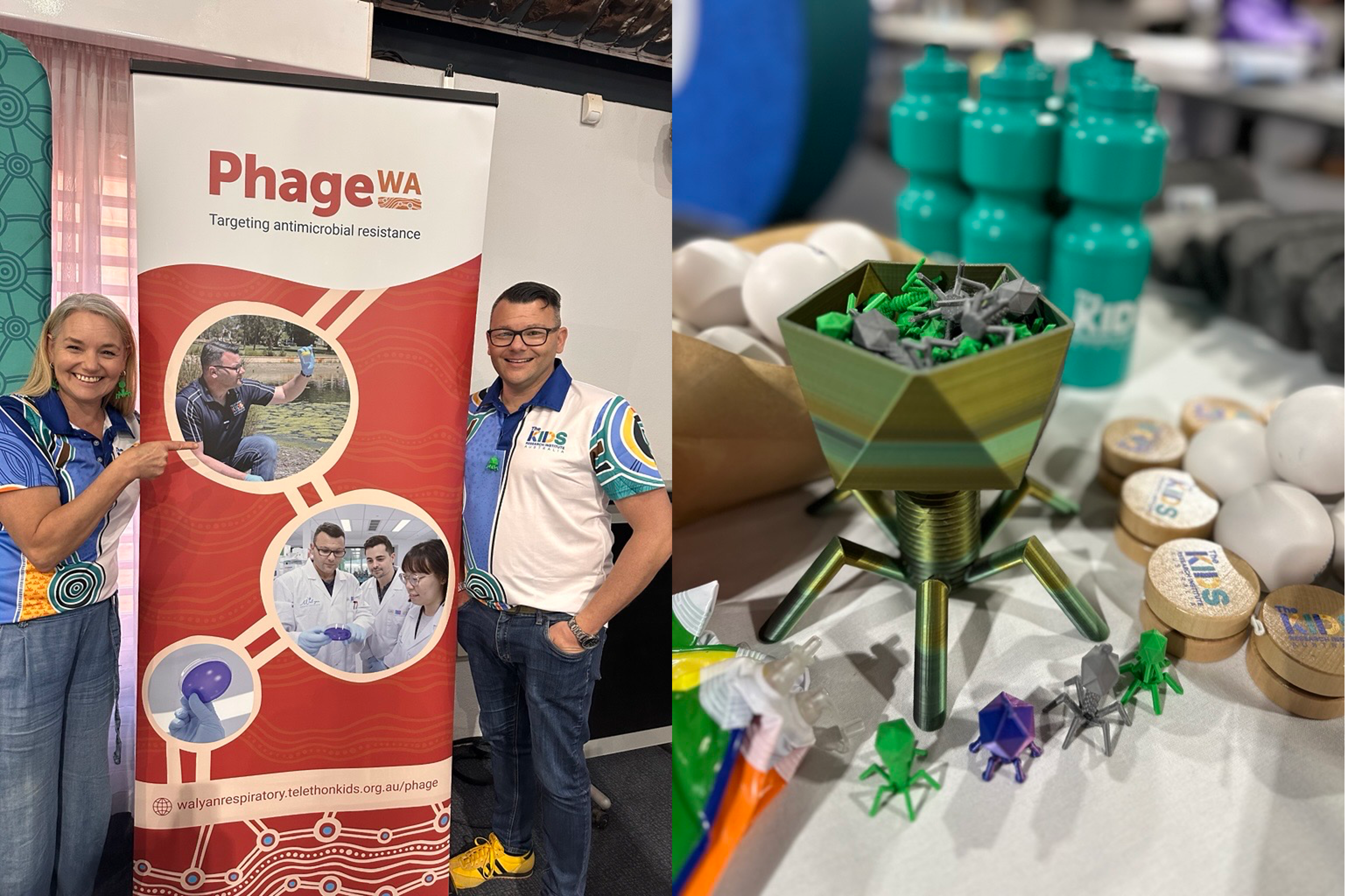 Phage WA team by a banner and many small 3D printed phages
